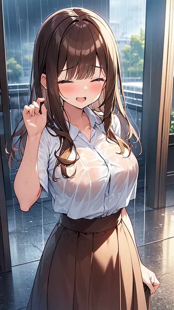 (Masterpiece, Top quality: 1.5), nsfw, (1 girl, solo :1.2), (cute design short-sleeved shirt, midi skirt:1.4), (large breasts:1.4), standard weight, (brown hair:1.4), (airy hair, wavy hair:1.3), long hair ,asymmetry bangs, swept bangs, 12 year old, smile:1.4, flustered:1.1, closed eyes, beautiful scene of outdoor, dynamic pose, magnificent panorama view, (wet:1.1), open mouth, (rainy:1.2)