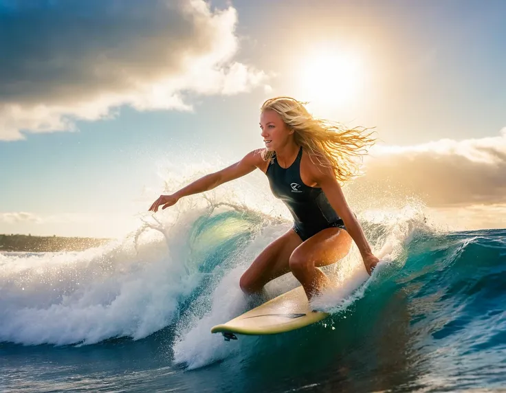 a beautiful surfer girl riding a wave, long blonde hair, tanned skin, blue ocean, sun glare, dramatic sky, water splash, athleti...