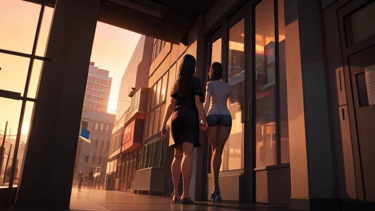 1 girl, Streetscape , Slope，From behind, Walk Away, sunset,, masterpiece, Highest quality, Highly detailed perfect body，1 female，