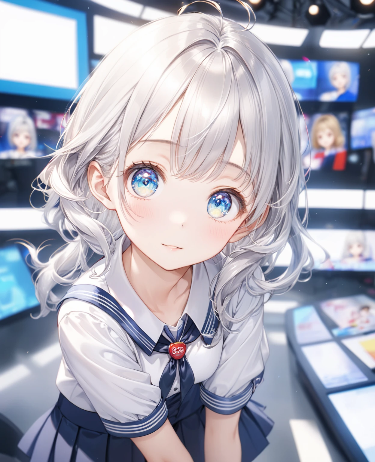 (Highest quality,8k,32K,masterpiece,Ultra-high resolution :1.2 ),born,One girl,Super cute,Natural light,Clear, shining eyes,20-year-old,Fair skin,News studio style digital world fantasy background,Silver hair,学born服,mile,uniform