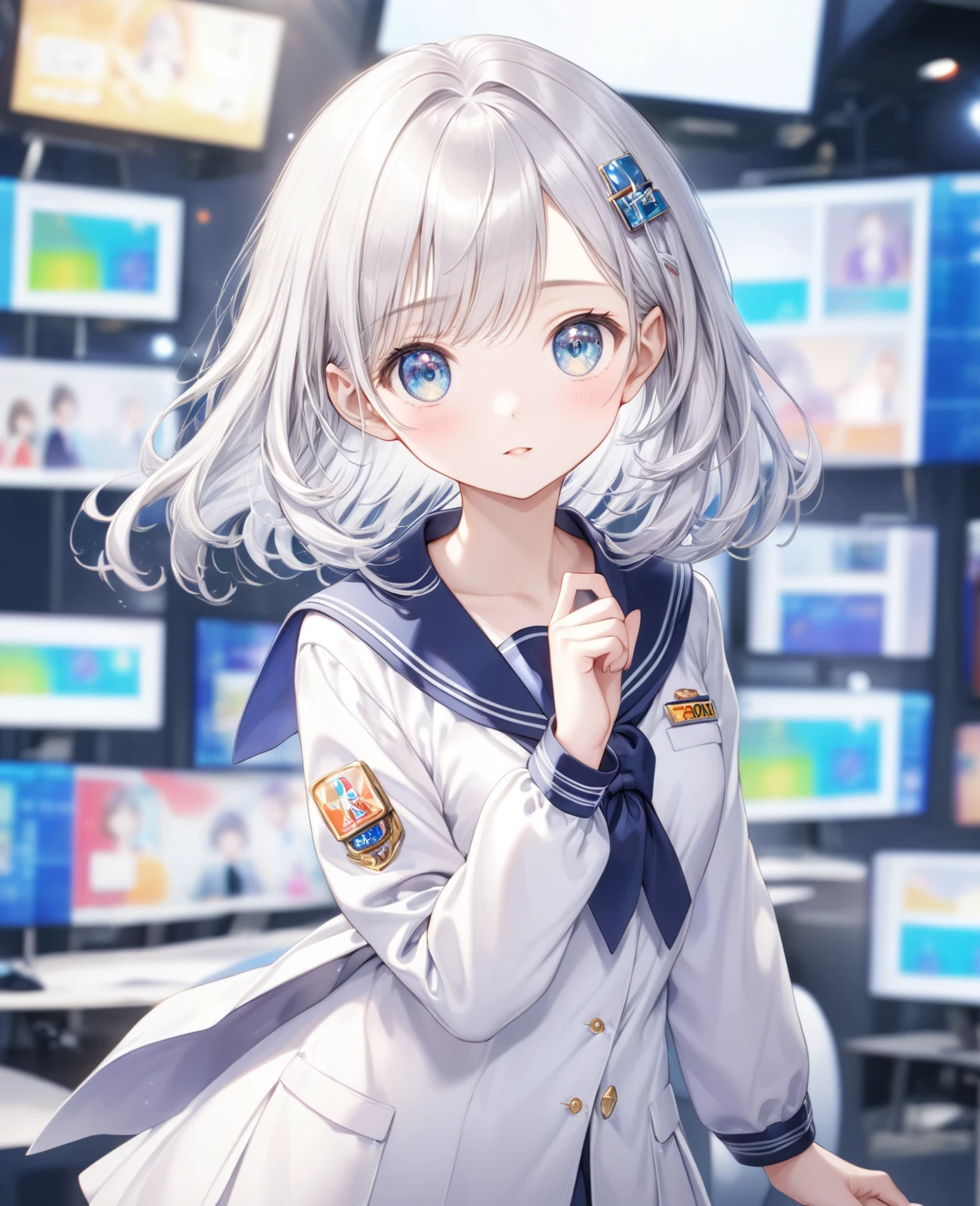 (Highest quality,8k,32K,masterpiece,Ultra-high resolution :1.2 ),born,One girl,Super cute,Natural light,Clear, shining eyes,20-year-old,Fair skin,News studio style digital world fantasy background,Silver hair,学born服,mile,uniform