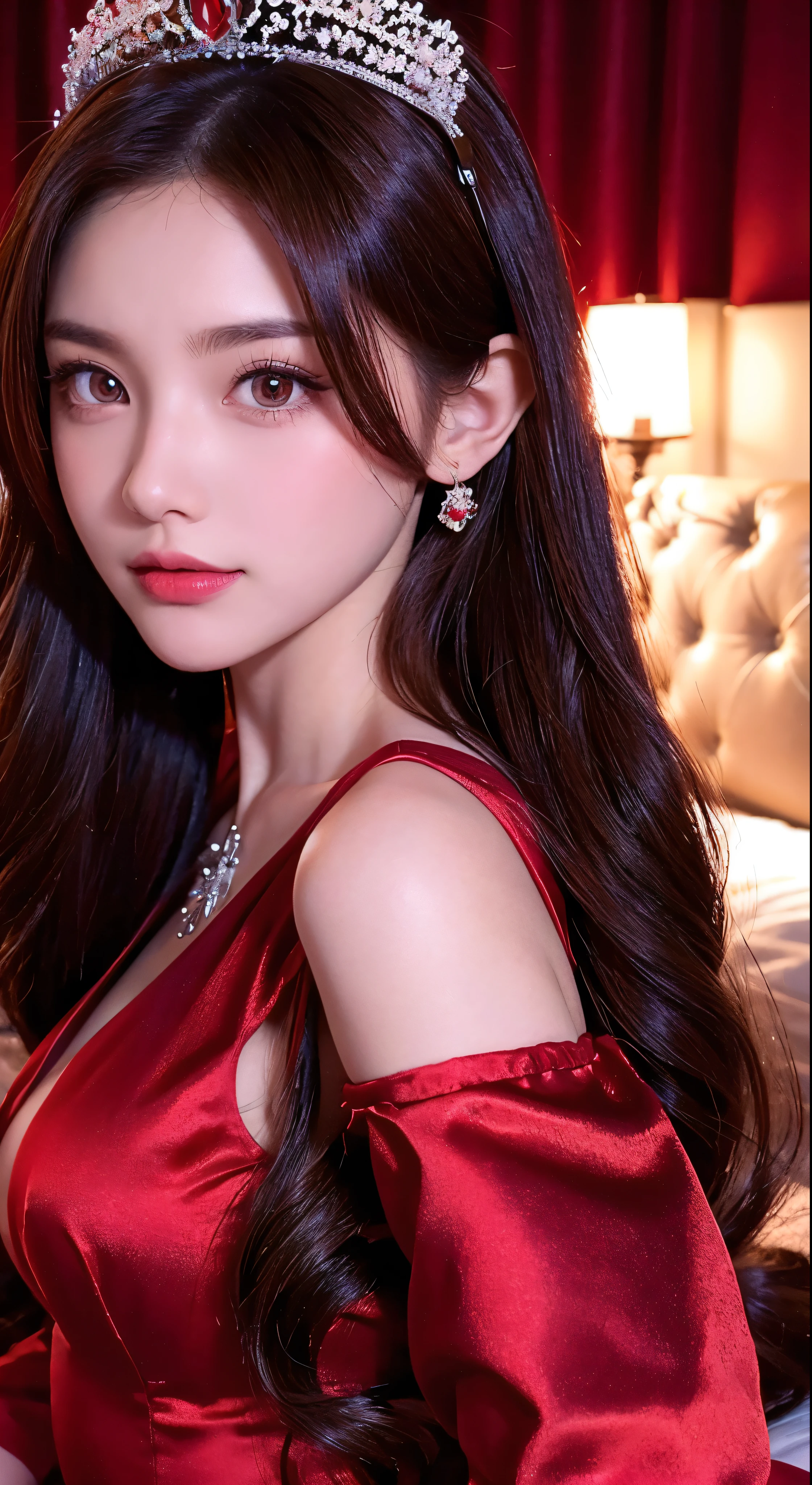 with high definition images，Faces with crowns and tiaras(Chestnut Hair)Woman in a beautiful red satin dress with highly detailed、Facial details、Focused on the face、Beautiful eyes、Full body high quality images，A brightly lit flower bed in the background