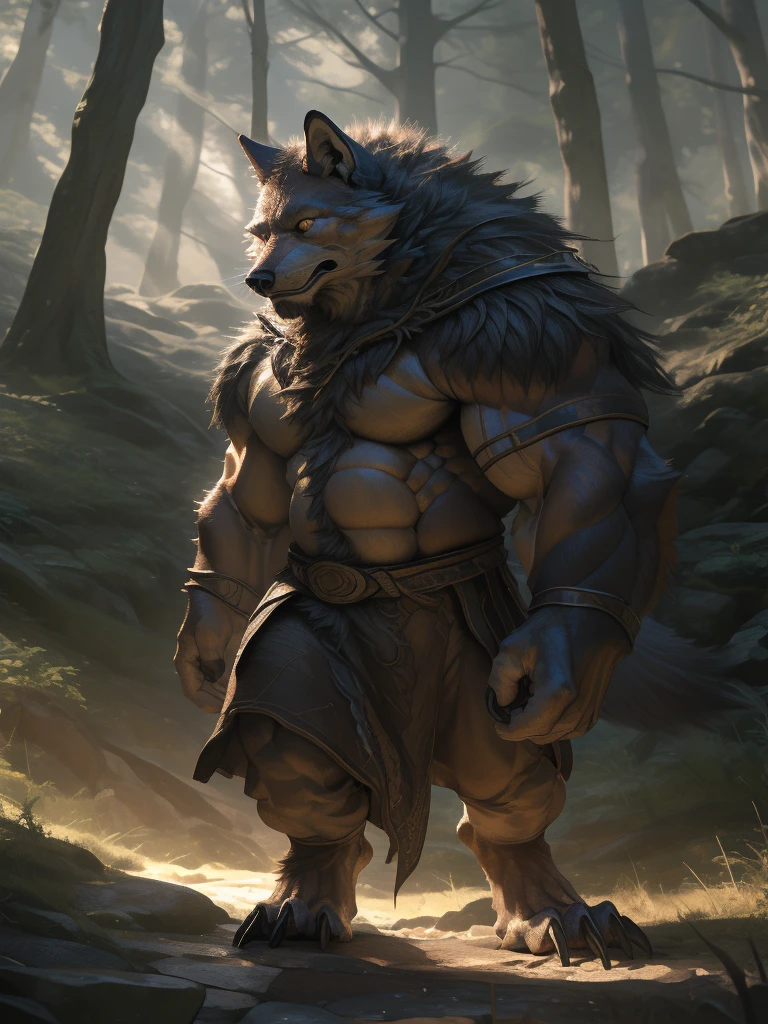 solo, 1boy, a huge muscular furry brown fox, walking in a fantasy world, magic forest, glowing plants, massive muscular body, huge pectoral muscles, thick powerful arms, cinematic lighting, dramatic atmosphere, detailed realistic fur, sharp claws, intense gaze, (best quality,4k,8k,highres,masterpiece:1.2),ultra-detailed,(realistic,photorealistic,photo-realistic:1.37),fantasy,concept art,digital painting
