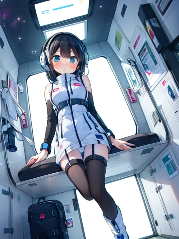 (Highest quality), (masterpiece), 1080P, High resolution, 4K, 8k, Inside the space station、Futuristic room、jumping:1.5,zero gravity,floating,Thigh straps, Shooting from directly below, The woman on top of me, 白いSweat, Covered , Sweat, Woman looking down, Skirt swimsuit, I can see your pants。BREAK black long sleeves,black tights,BREAK thigh-high socks, futuristic boots,headphone,To achieve this, , , whole body, Black leather shoes, Braided hair, Inner Color, Embarrassed face, blush:1.2,Short black hair, bracelet,smartwatch, Bedroom,white downVest,celestial body_Vest
