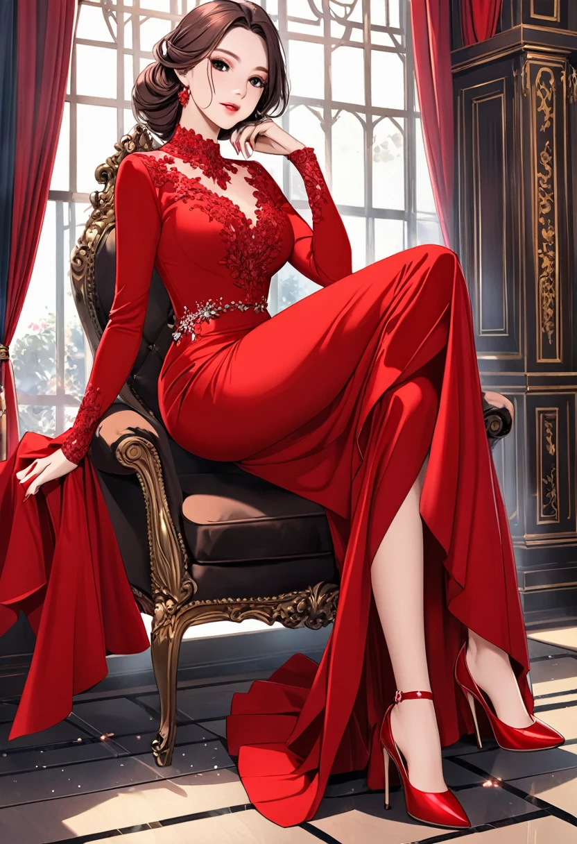 A very beautiful looking woman, red dress, high heels, beautiful