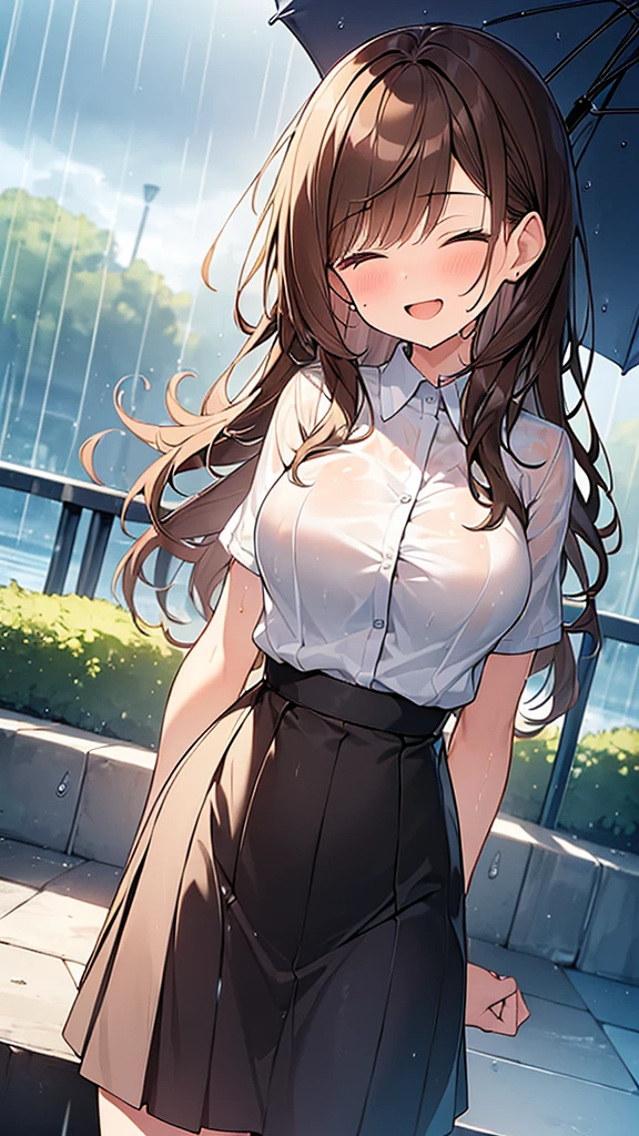 (Masterpiece, Top quality: 1.5), nsfw, (1 girl, solo :1.2), (cute design short-sleeved shirt, midi skirt:1.4), (large breasts:1.4), standard weight, (brown hair:1.4), (airy hair, wavy hair:1.3), long hair ,asymmetry bangs, swept bangs, 12 year old, smile:1.4, flustered:1.1, closed eyes, beautiful scene of outdoor, dynamic pose, magnificent panorama view, (wet:1.1), open mouth, (rainy:1.2)