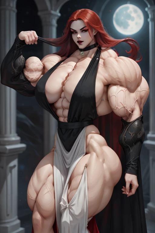 ((Close-up)), tall, (red hair) beautiful muscular asian vampire woman, long tied hair, pale white skinned, closed smile, large breast, (black lipstick), (massive muscles), (hyper muscle), ((ginormous bulky muscles)), yellow eyes, ((black long sleeve maxi dress)), choker, high heels, (dark and moody universe:1.3), in a castle at night, flexing