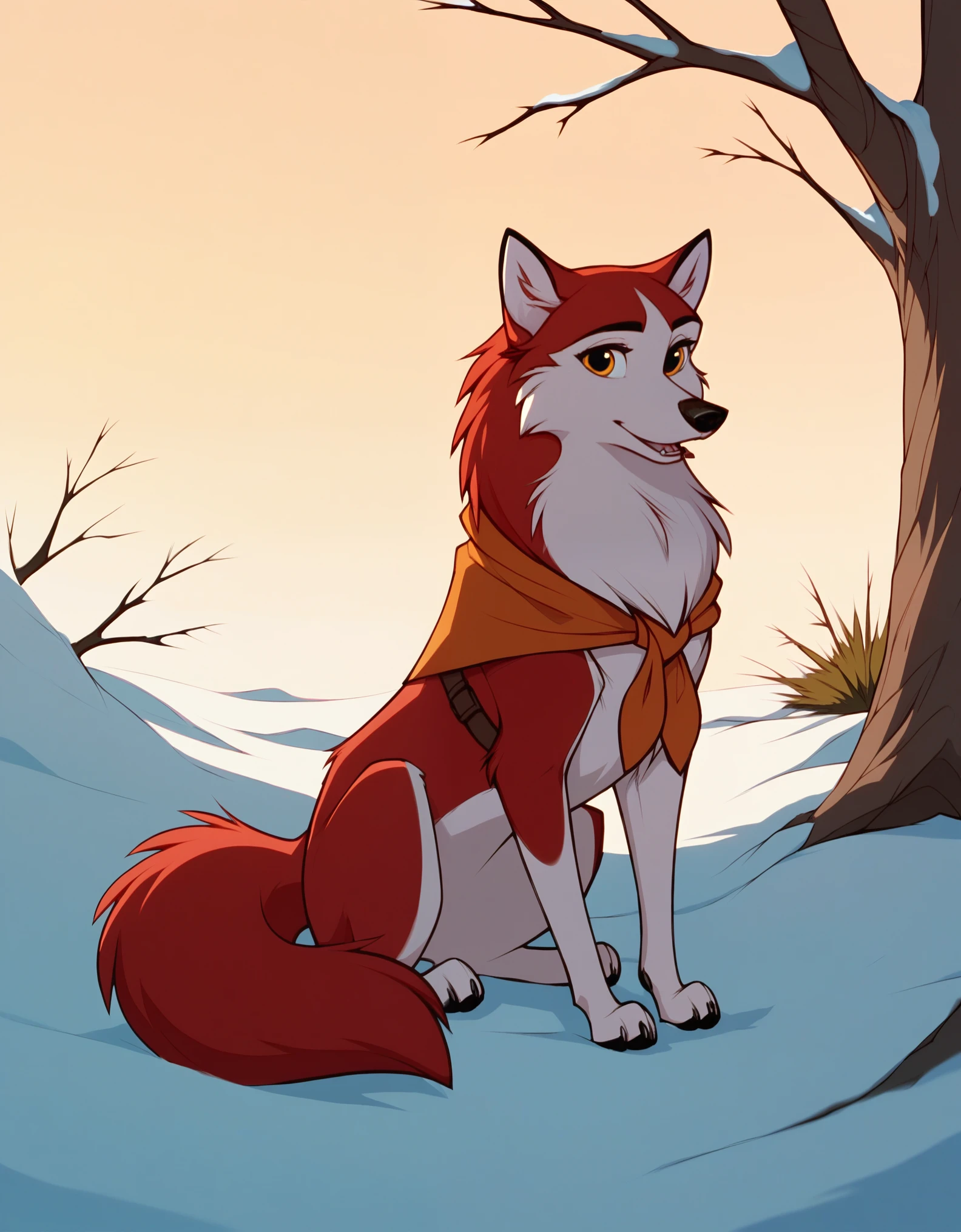 score_9, score_8_up, score_7_up, BREAK,  1girl, jenna\(balto\), two tone fur, red fur, canine, no humans, solo, amber eyes, neckerchief, animal, outside, snow,  sitting, looking at viewer,