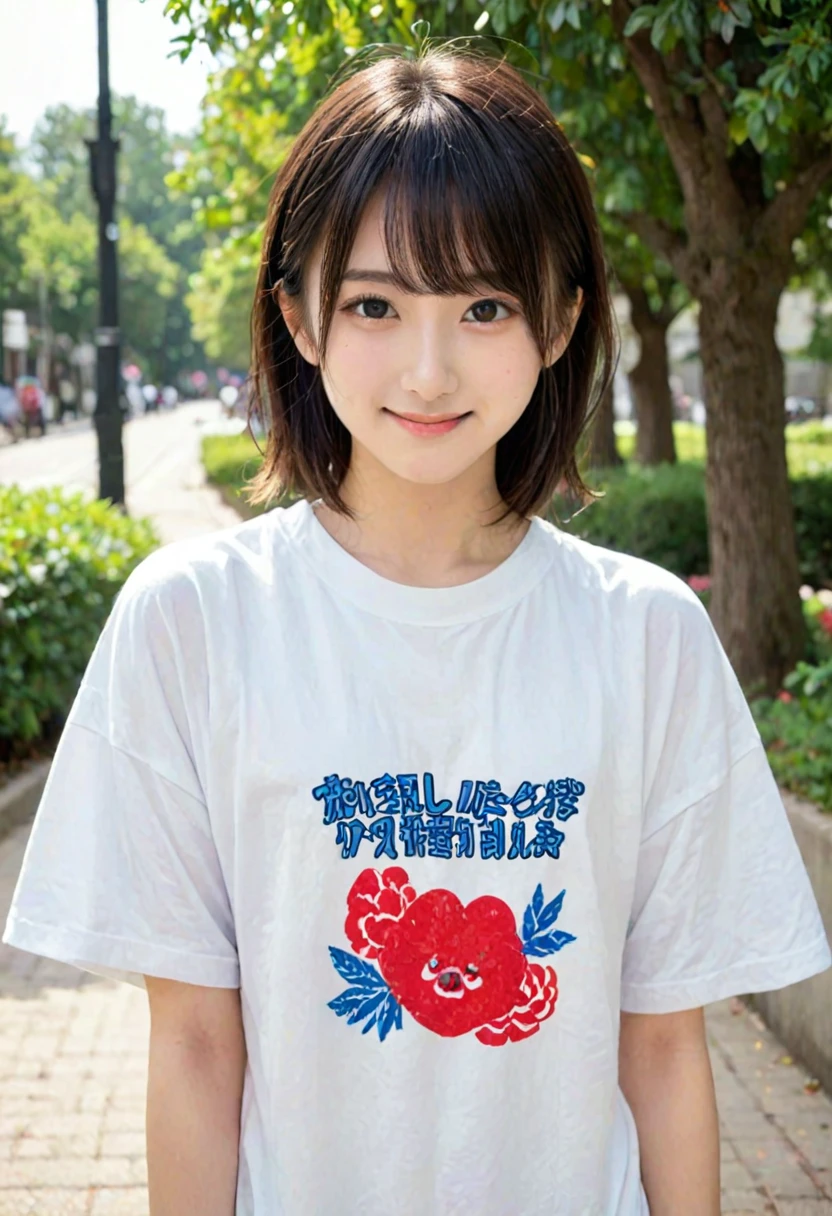 score_9, score_8_up, score_7_up, 1girl, japanese girl, cute, kawaii, beautiful face, perfect face, perfect body, smile, oversized t-shirts, big t-shirts, detailed eyes, shiny skin, standing, on side, flat chest, skinny, looking at viewer, cowboy shot, face focus, depth of field, simple background, outdoors, park, jpn-girl, extremely detailed, professional lighting