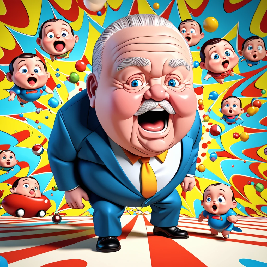 a fat old man with a super cute baby face, slow motion effect, cartoon-style, meme image, various effects, 3D, delicate and dynamic, conceptual installation pop art