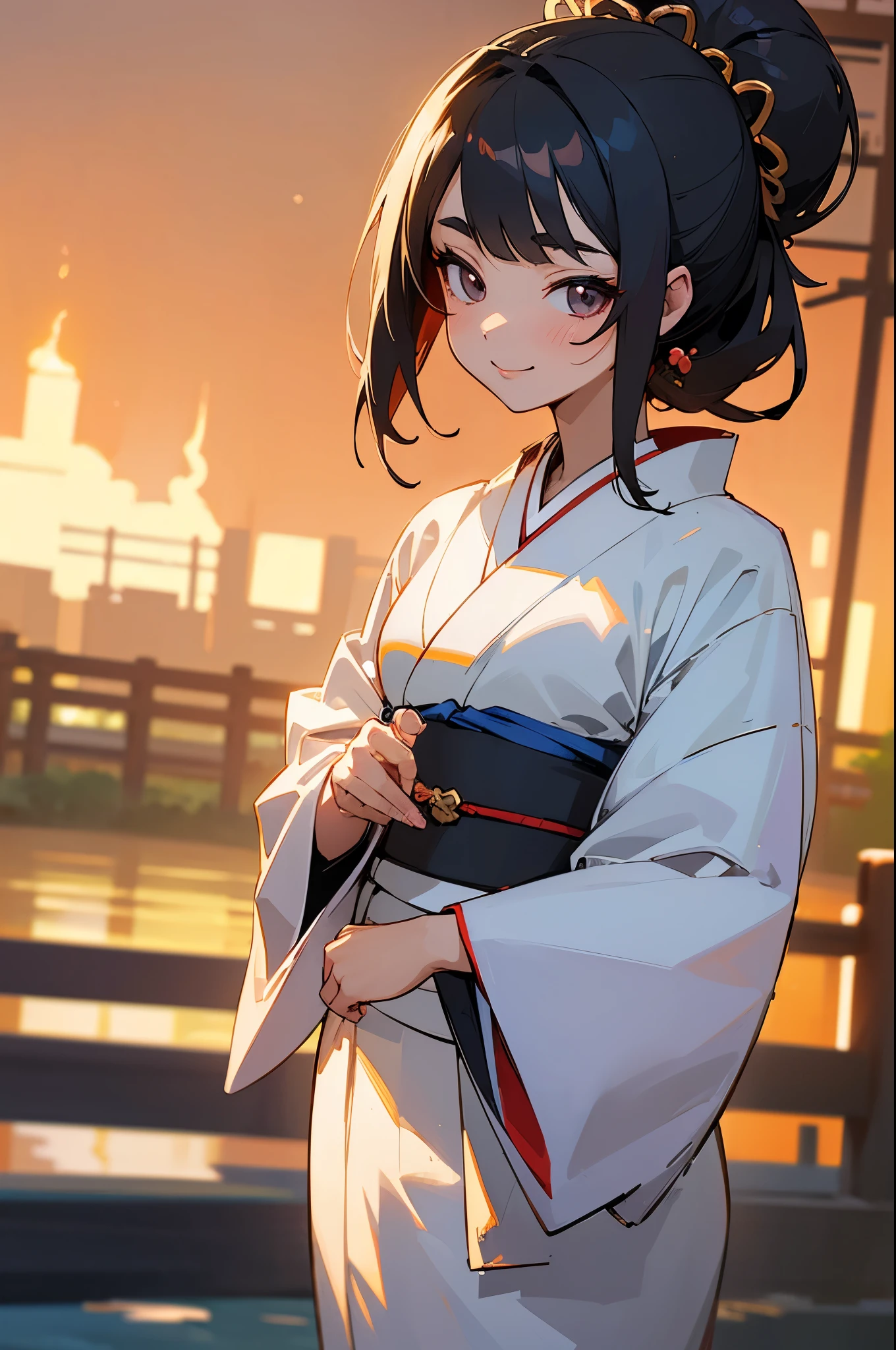 (((top quality, 8k, masterpiece))), crisp focus, (beautiful woman with perfect figure), slender, (hairstyle: up)), ((kimono: Kara)), street: 1.2 Highly detailed face and skin texture Detailed eyes Double eyelids random posture, (smile),super cute Japan person,super beauty Japanese girl, realistic face, double eyelid,smile,summer festival , at sunset ,fire-works back-ground. Nyantcha style
