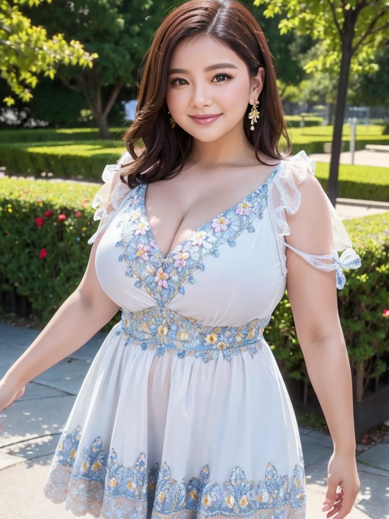 A beautiful and hot almost chubby mature woman.who is wearing a patterned short dress and is and standing in the park. A smiling face、sexy woman、A radiant smile、adorable、race、Frills、Colorful design、Full-length mirror、An inviting gaze、Gorgeous long and beautiful hairstyle、variation Hairstyle、Open neck blouse、Flower Garden、(flower:1.2)、Full body photo、((Delicately decorated dress))、1人, 