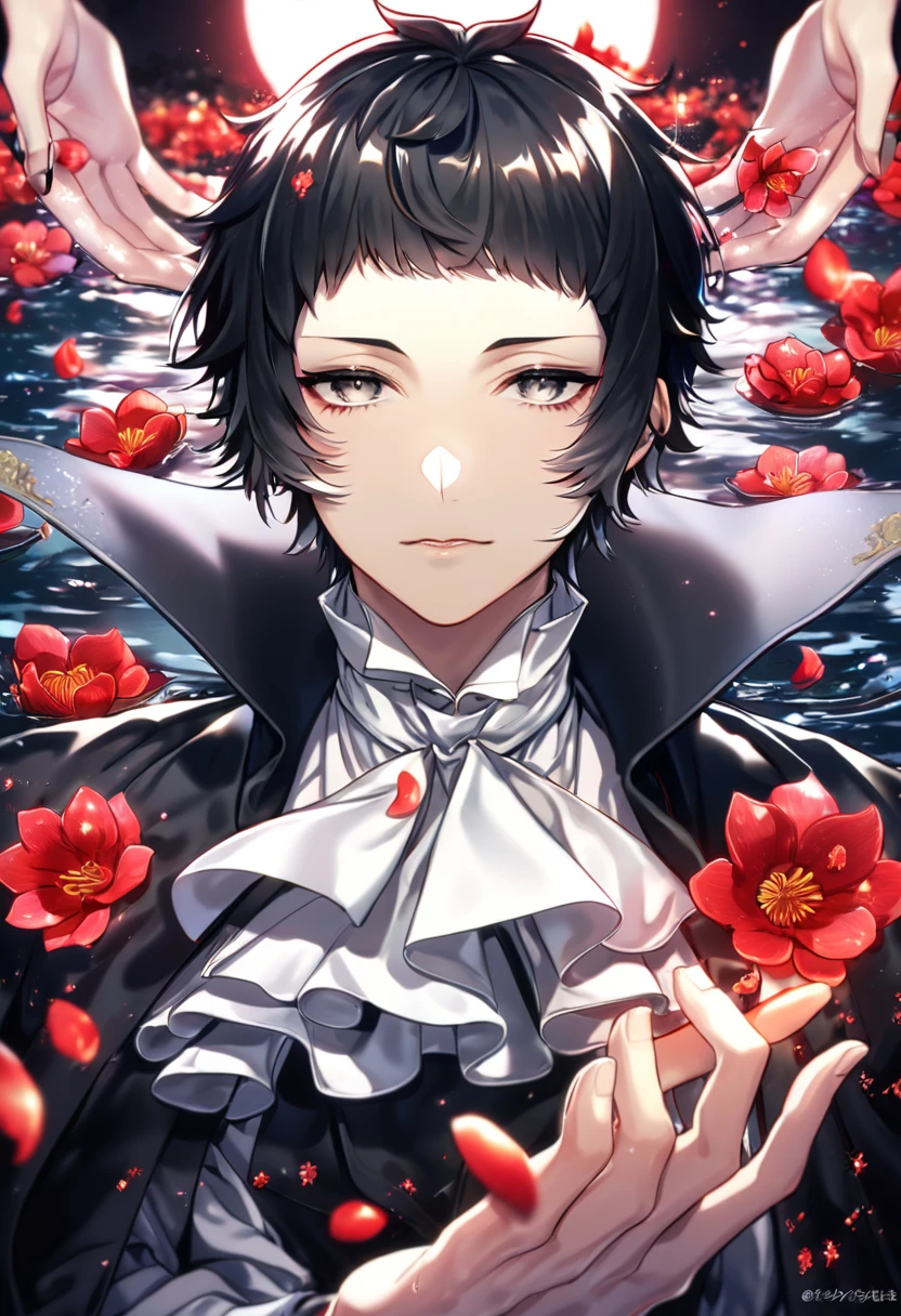 absurdres, highres, ultra detailed, HDR, master piece, Akutagawa Ryounosuke, black hair with white tips, short bangs, expressive gray eyes, white cravat, black coat with high collar, white shirt, Bungou Stray Dogs, sexy man, handsome, best quality, red glittering crescent moon, red flowers, fantasy, magical, solo, water, red shining fireflies, red petals, sensual,