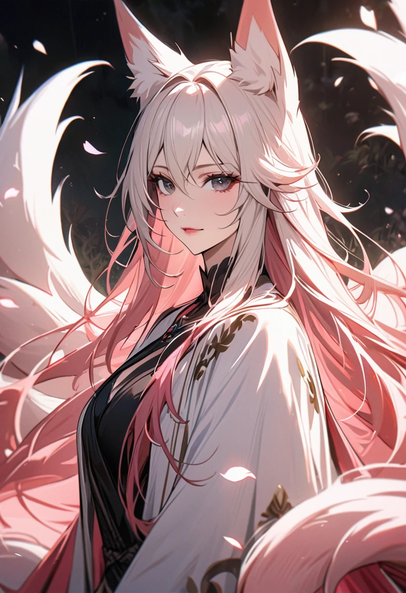 female, nine-tailed female, female fox, nine-tailed fox, fox ears, white hair, pink hair, long hair, black eyes, pretty, beautiful, beautiful color, mature, dress, flying petals, super detail, beautiful color,peerless beauty, high quality, macro picture, adult, beautiful eyes, long chin