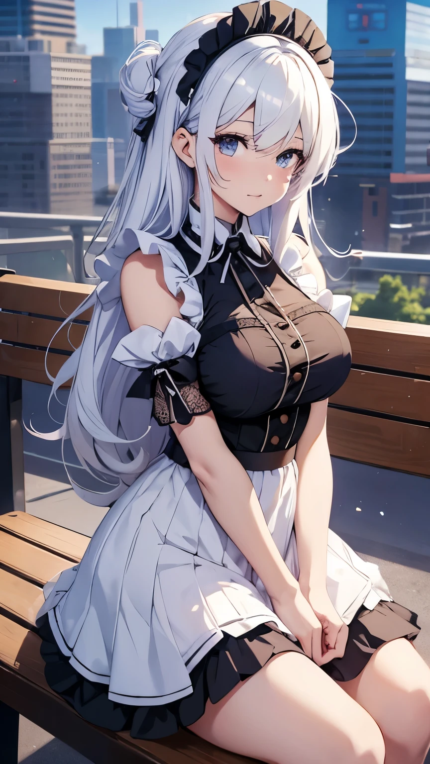 anime girl in a maid outfit sitting on a bench with a city in the background, best anime 4k konachan wallpaper, fine details. girls frontline, lolish, from girls frontline, from the azur lane videogame, nightcore, azur lane style, cute anime waifu in a nice dress, perfect white haired girl, seductive anime girl, smooth anime cg art