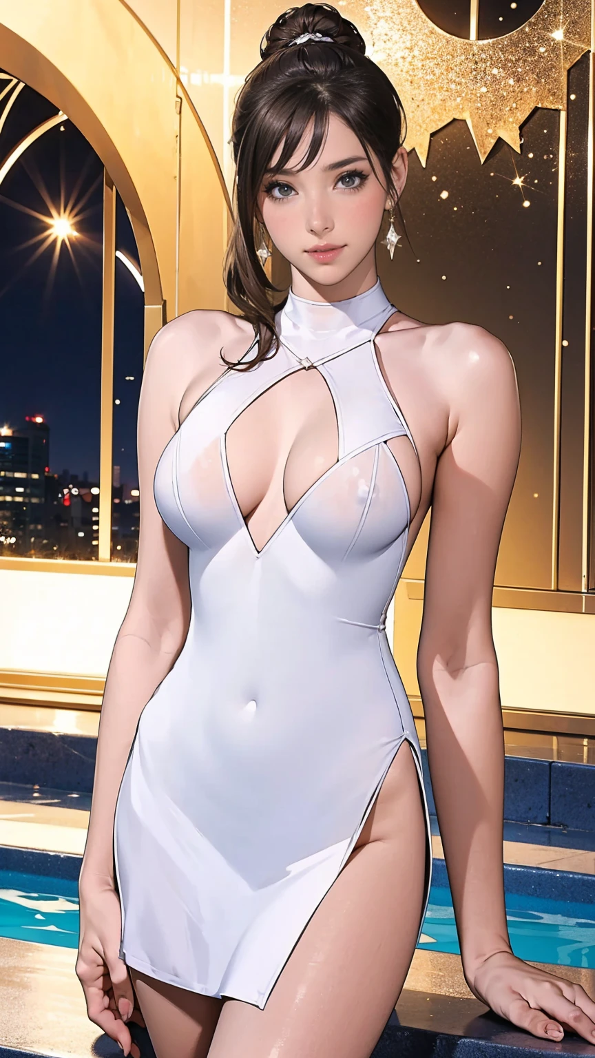 (highest quality, masterpiece:), ultra-high resolution, night, in the pool bar, Korean gravure model, 24 years old, tight, wearing a white color skating dress, high leg, gigantic breasts, puffy nipple:1.4, skinny, bangs, long hair, light brown hair, chignon, choppy hair, unkempt hair:1.2, gorgeous earrings, beauty, embarrassed, blush:1.3, mature woman, please face forward and look at the camera,