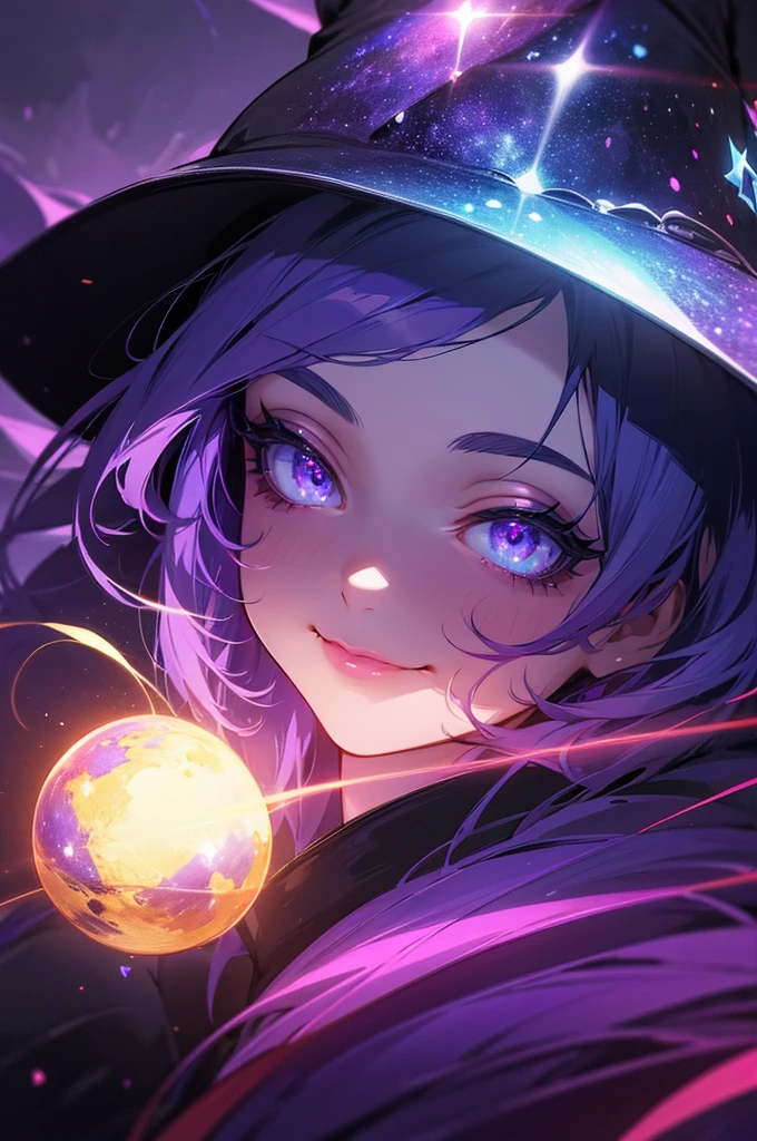 big witch hat, purple, glowing, galaxy theme, dark, bust up up, magic, smirking, 8k, ultrasharp, masterpiece, detailed eyes, long eyelashes, fantasy, vibrant colors, cinematic lighting