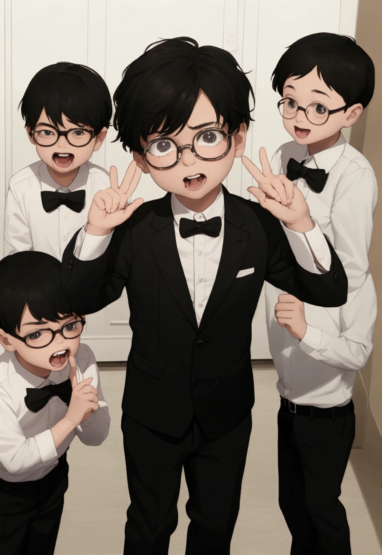 A little boy with glasses cries profusely, facing to viewer, while behind him, several children laugh and mock him, praticando bullying.
