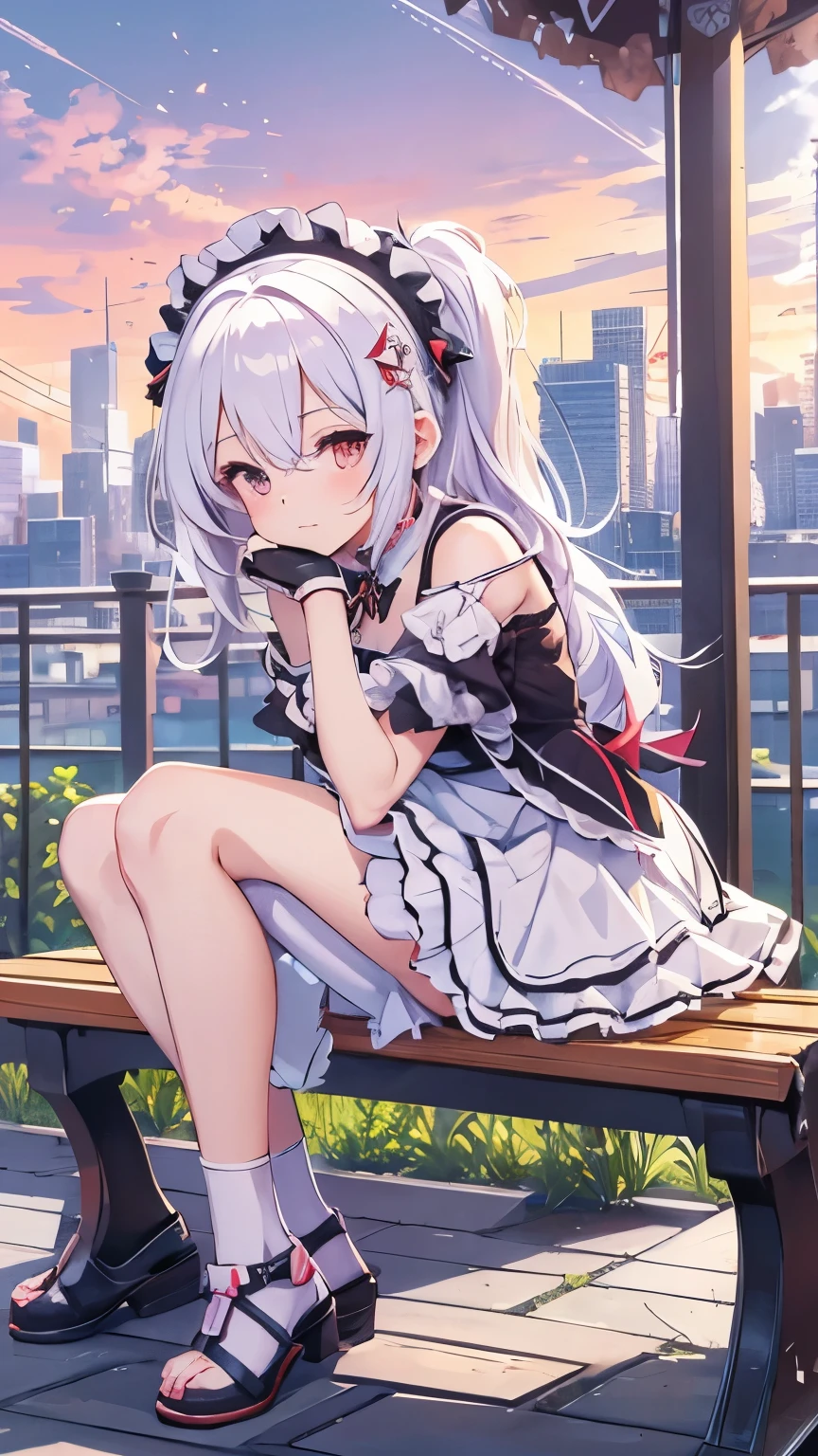 anime girl in a maid outfit sitting on a bench with a city in the background, best anime 4k konachan wallpaper, fine details. girls frontline, lolish, from girls frontline, from the azur lane videogame, nightcore, azur lane style, cute anime waifu in a nice dress, perfect white haired girl, seductive anime girl, smooth anime cg art