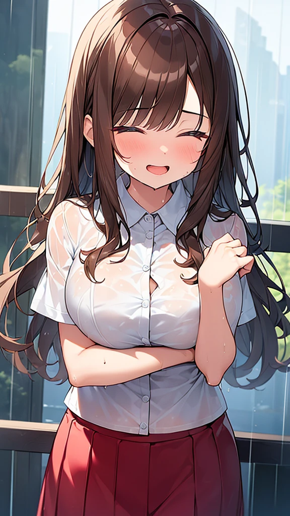 (Masterpiece, Top quality: 1.5), nsfw, (1 girl, solo :1.2),  (cute design short-sleeved shirt, midi skirt:1.4),bra, (large breasts:1.4), standard weight, (brown hair:1.4), (airy hair, wavy hair:1.3), long hair ,asymmetry bangs, swept bangs, 12 year old, smile:1.4, flustered:1.1, closed eyes, beautiful scene of outdoor, dynamic pose, magnificent panorama view, (wet:1.1), open mouth, (rainy:1.2)