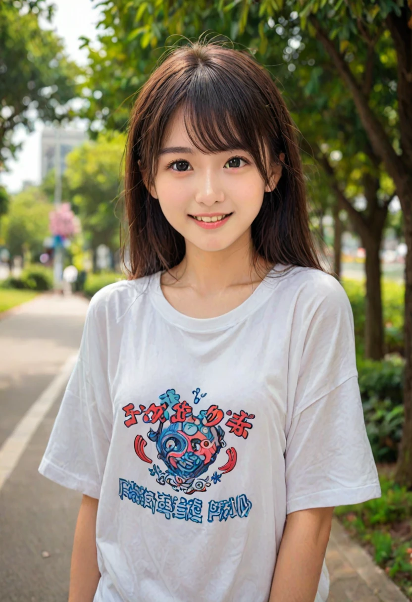 score_9, score_8_up, score_7_up, 1girl, japanese girl, cute, kawaii, beautiful face, perfect face, perfect body, smile, oversized t-shirts, big t-shirts, detailed eyes, shiny skin, standing, on side, small breasts, skinny, looking at viewer, cowboy shot, face focus, depth of field, simple background, outdoors, park, jpn-girl, extremely detailed, professional lighting