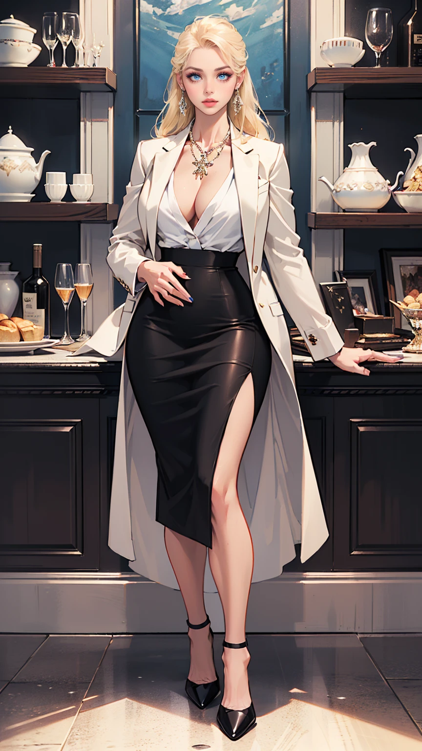 nsfw, (ultra-detailed, photorealistic, best quality, 4k, 8k, highres, masterpiece:1.3), a strikingly beautiful young woman, tall with a voluptuous figure, long toned legs, flat abs, and an hourglass body shape, long glamorous platinum blonde hair, expressive blue eyes, Her perfectly round and full breasts are a standout feature, complemented by her sophisticated makeup, featuring smokey eyeshadow, dramatic eyelashes, and nude lips, Bella is wearing a daring and provocative business casual outfit, featuring a fitted blazer with nothing underneath, showcasing her cleavage, paired with a high-waisted pencil skirt that hugs her curves, and stiletto heels that add height, She accessorizes with a delicate gold necklace, diamond-studded earrings, and a designer clutch bag, Her posture exudes confidence and elegance, with a poised and self-assured expression, The background features a luxurious, serene setting in Verano Bay, emphasizing her refined lifestyle and the picturesque environment, (intricate detail, super finely detailed hands, ultra finely detailed fingers, full body showcase, show full body:1.3),