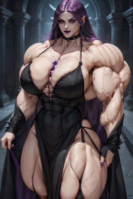 ((Close-up)), tall, (violet purple hair) beautiful muscular vampire woman, long hair with long bangs, pale white skinned, closed smile, large breast, (black lipstick), (massive muscles), (hyper muscle), ((ginormous bulky muscles)), black eyes, ((black long sleeve maxi dress)), choker, high heels, (dark and moody universe:1.3), in a castle at night,