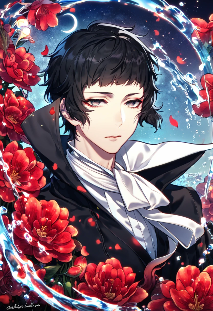 absurdres, highres, ultra detailed, HDR, master piece, Akutagawa Ryuonosuke, black hair with white tips, short bangs, expressive gray eyes, white cravat, black coat with high collar, white shirt, Bungou Stray Dogs, sexy man, handsome, best quality, red glittering crescent moon, red flowers, fantasy, magical, solo, water, red shining fireflies, red petals, sensual