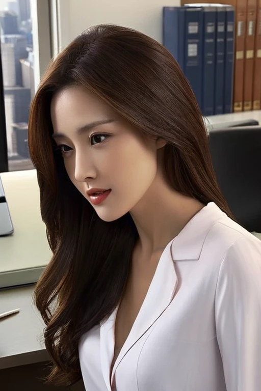 A Korean woman with long brown hair wearing a white shirt and a red suit stands behind a desk in the office, with a city view from a glass window, leaning forward with hands on table. She has a seductive look on her face, thin face, mouth slightly open, and a seductive look in your sharp eyes.