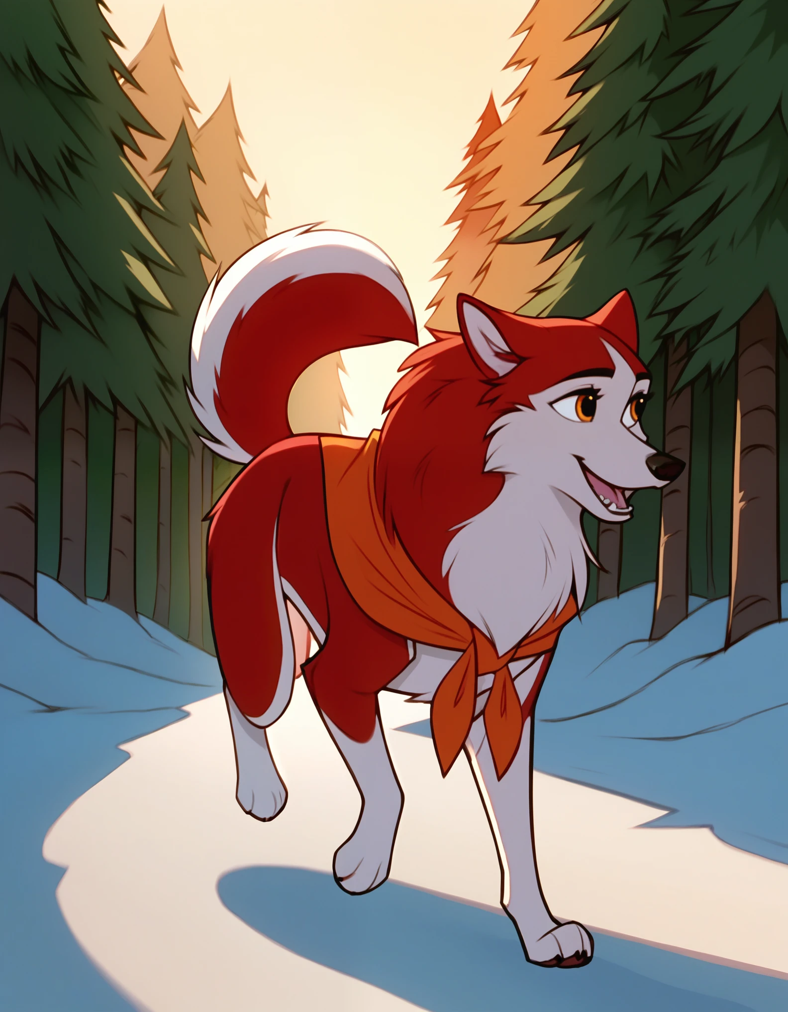 score_9, score_8_up, score_7_up, BREAK,  1girl, jenna\(balto\), animal, solo, wolf, two tone fur, red fur, white fur, outside, running, trees, daytime, amber eyes, neckerchief, smile open mouth,