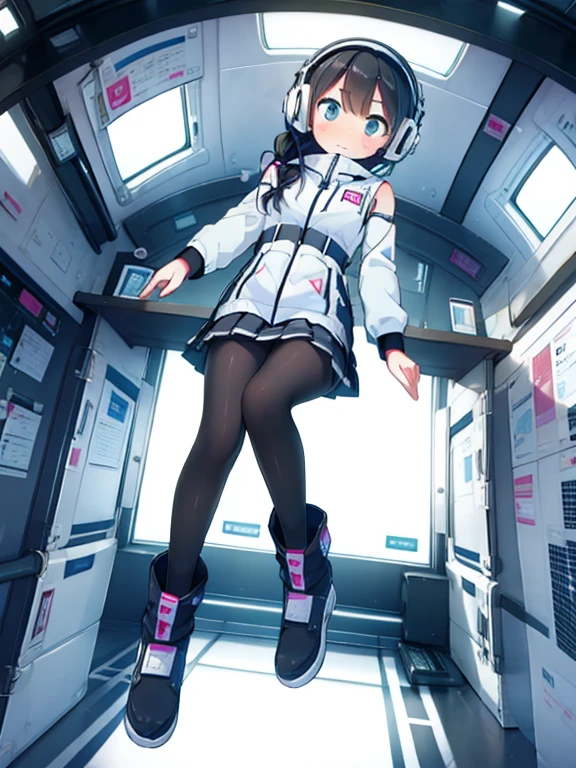 (Highest quality), (masterpiece), 1080P, High resolution, 4K, 8k, Inside the space station、Futuristic room、jumping:1.5,zero gravity,floating,, Shooting from directly below, The woman on top of me, 白いSweat, Covered , Sweat, Woman looking down, Skirt swimsuit, I can see your pants。BREAK (black long sleeves,):1.5,black tights,BREAK, futuristic boots,headphone,To achieve this, , , whole body, Braided hair, Inner Color, Embarrassed face, Short black hair, Bedroom,white downVest,celestial body_Vest
