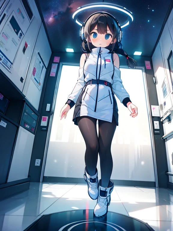 (Highest quality), (masterpiece), 1080P, High resolution, 4K, 8k, Inside the space station、Futuristic room、jumping:1.5,zero gravity,floating,, Shooting from directly below, The woman on top of me, 白いSweat, Covered , Sweat, Woman looking down, Skirt swimsuit, I can see your pants。BREAK (black long sleeves,):1.5,black tights,BREAK, futuristic boots,headphone,To achieve this, , , whole body, Braided hair, Inner Color, Embarrassed face, Short black hair,  Bedroom,white downVest,celestial body_Vest
