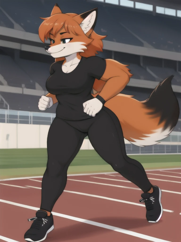 Furry, fox, female, black shirt, black leggings, shoes, running track, solo, full body