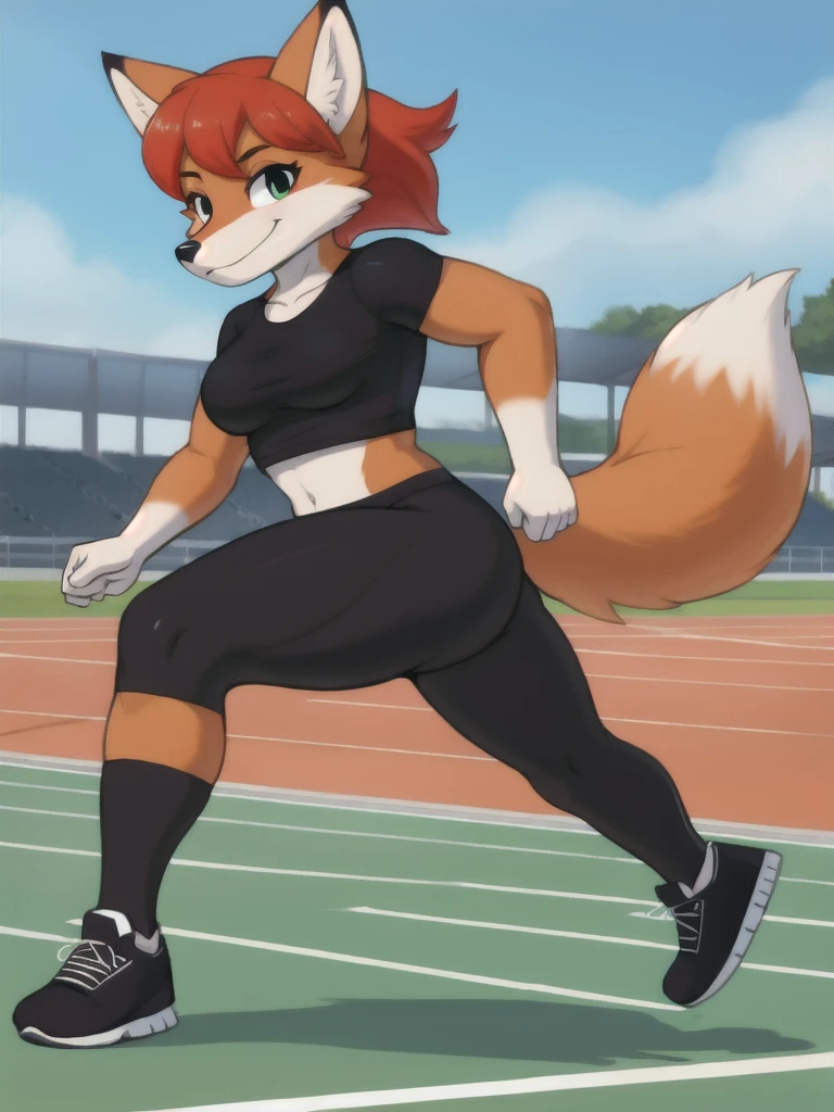 Furry, fox, female, black shirt, black leggings, shoes, running track, solo, full body