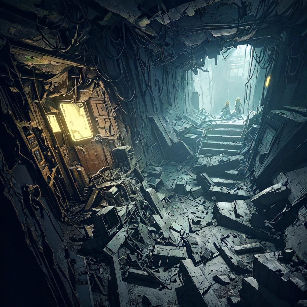 a post-apocalyptic interior of a crashed spaceship, a crumbling spaceship interior, dark ship interior, glowing wall panels, ((a maid in the doorway:1.2), short blonde hair, glasses)