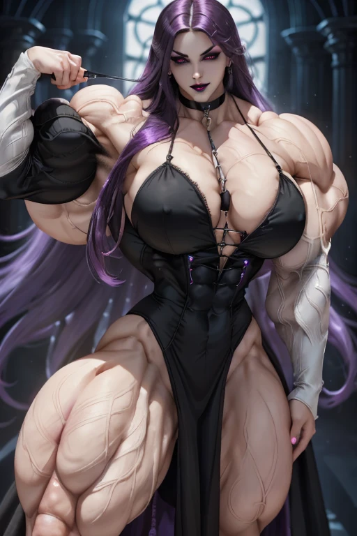 ((Close-up)), tall, (violet purple hair) beautiful muscular vampire woman, long hair with long bangs, pale white skinned, closed smile, large breast, (black lipstick), (massive muscles), (hyper muscle), ((ginormous bulky muscles)), black eyes, ((black long sleeve maxi dress)), choker, high heels, (dark and moody universe:1.3), in a castle at night,
