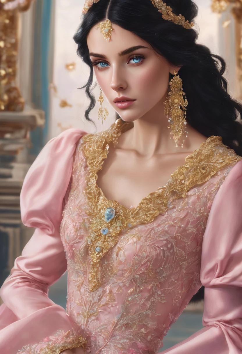 Elegant Book cover with gold embellishments, beautiful girl with black hair and blue eyes, fair skin and wearing an elegant pink dress