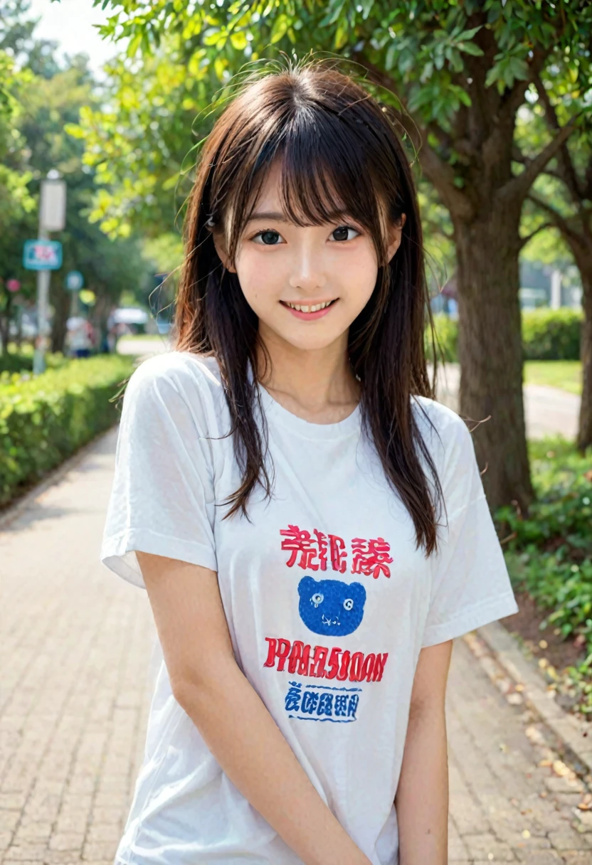 score_9, score_8_up, score_7_up, 1girl, japanese girl, cute, kawaii, beautiful face, perfect face, perfect body, smile, oversized t-shirts, big t-shirts, detailed eyes, shiny skin, standing, on side, medium breasts, skinny, looking at viewer, cowboy shot, face focus, depth of field, simple background, outdoors, park, jpn-girl, extremely detailed, professional lighting