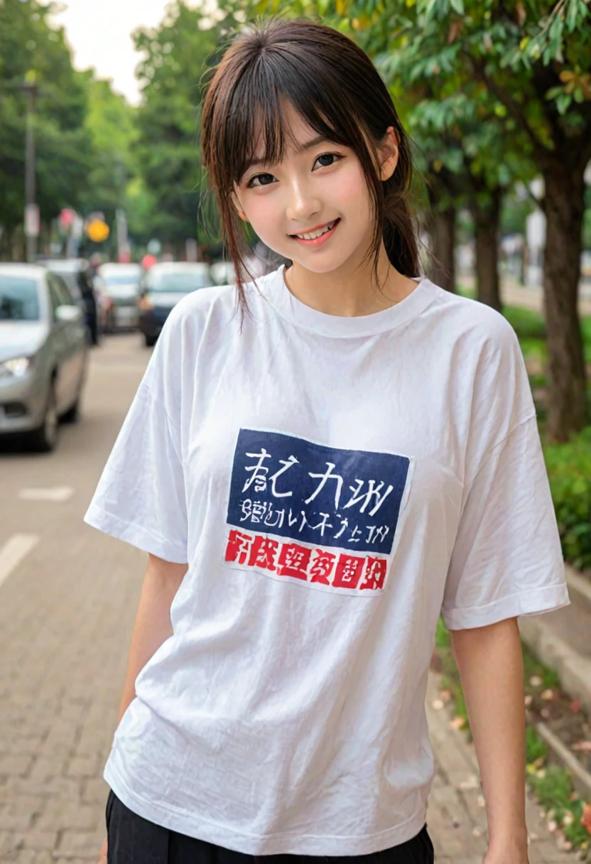 score_9, score_8_up, score_7_up, 1girl, japanese girl, cute, kawaii, beautiful face, perfect face, perfect body, smile, oversized t-shirts, big t-shirts, detailed eyes, shiny skin, standing, on side, large breasts, skinny, looking at viewer, cowboy shot, face focus, depth of field, simple background, outdoors, park, jpn-girl, extremely detailed, professional lighting