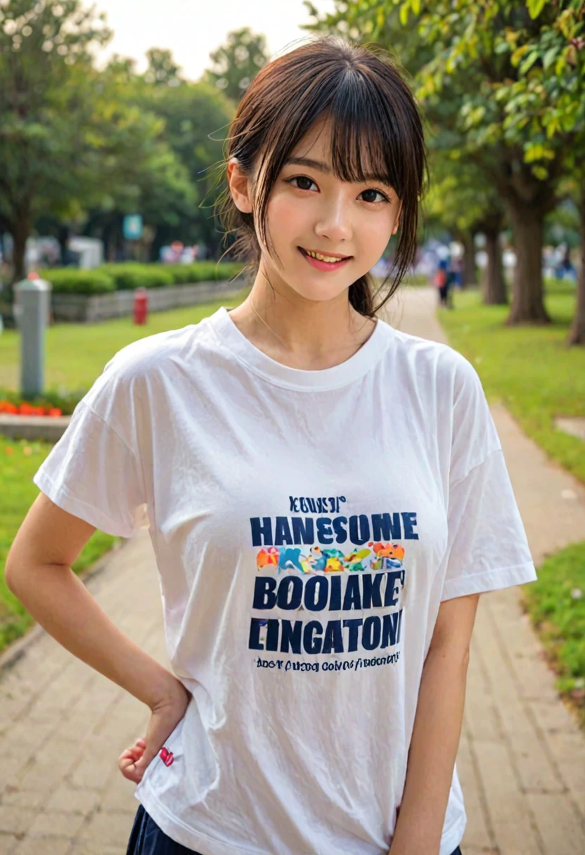 score_9, score_8_up, score_7_up, 1girl, japanese girl, cute, kawaii, beautiful face, perfect face, perfect body, smile, oversized t-shirts, big t-shirts, detailed eyes, shiny skin, standing, on side, large breasts, skinny, looking at viewer, cowboy shot, face focus, depth of field, simple background, outdoors, park, jpn-girl, extremely detailed, professional lighting