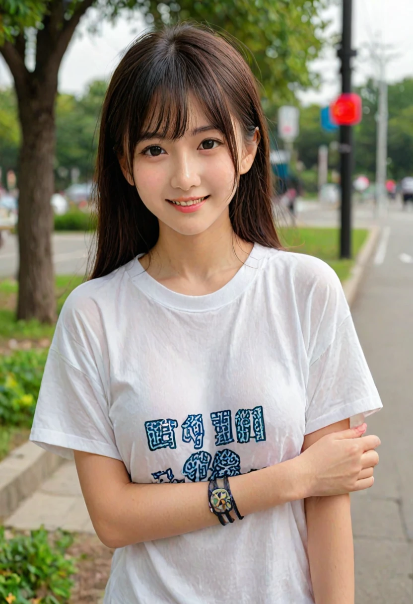 score_9, score_8_up, score_7_up, 1girl, japanese girl, cute, kawaii, beautiful face, perfect face, perfect body, smile, oversized t-shirts, big t-shirts, detailed eyes, shiny skin, standing, on side, large , skinny, looking at viewer, cowboy shot, face focus, depth of field, simple background, outdoors, park, jpn-girl, extremely detailed, professional lighting