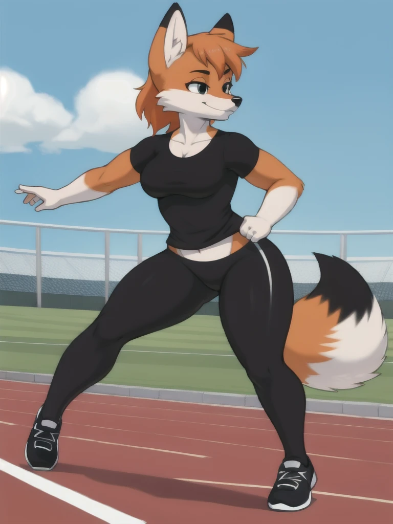 Furry, fox, female, black shirt, black leggings, shoes, running track, solo, full body