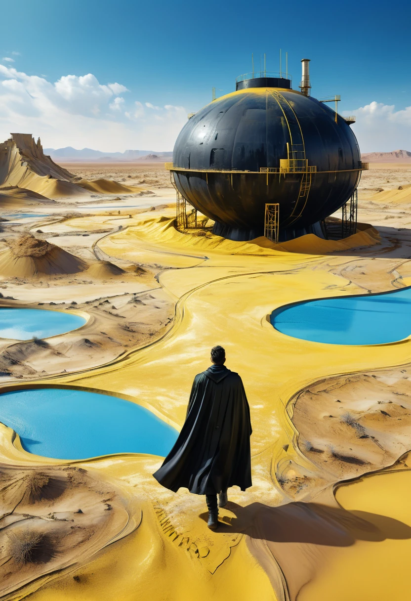 Man in black cape in yellow desert walking alone, mostly blue tones and small details in yellow, 4D high relief texture painting, construction, construction site, Building in the background, floor, 8k, 4D, futuristic, water tank in the background, ornate desert, aerial view, view from far away, photorealism, abstract impressionism