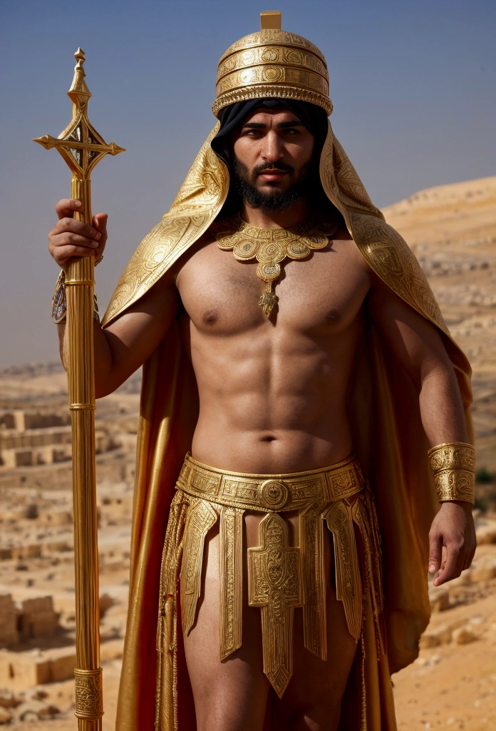 the biblical character Job standing in a position of prominence and well-being, representing wealth and superiority, in the background Palestine in 1500 BC