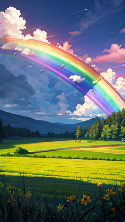 A beautiful rainbow over a summer landscape after rain