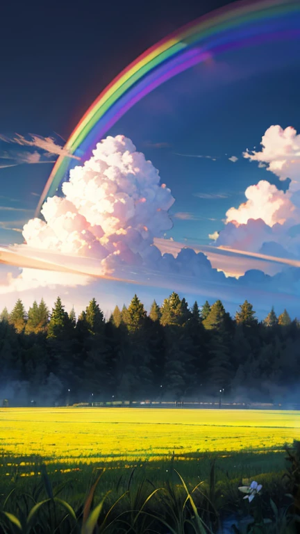 A beautiful rainbow over a summer landscape after rain