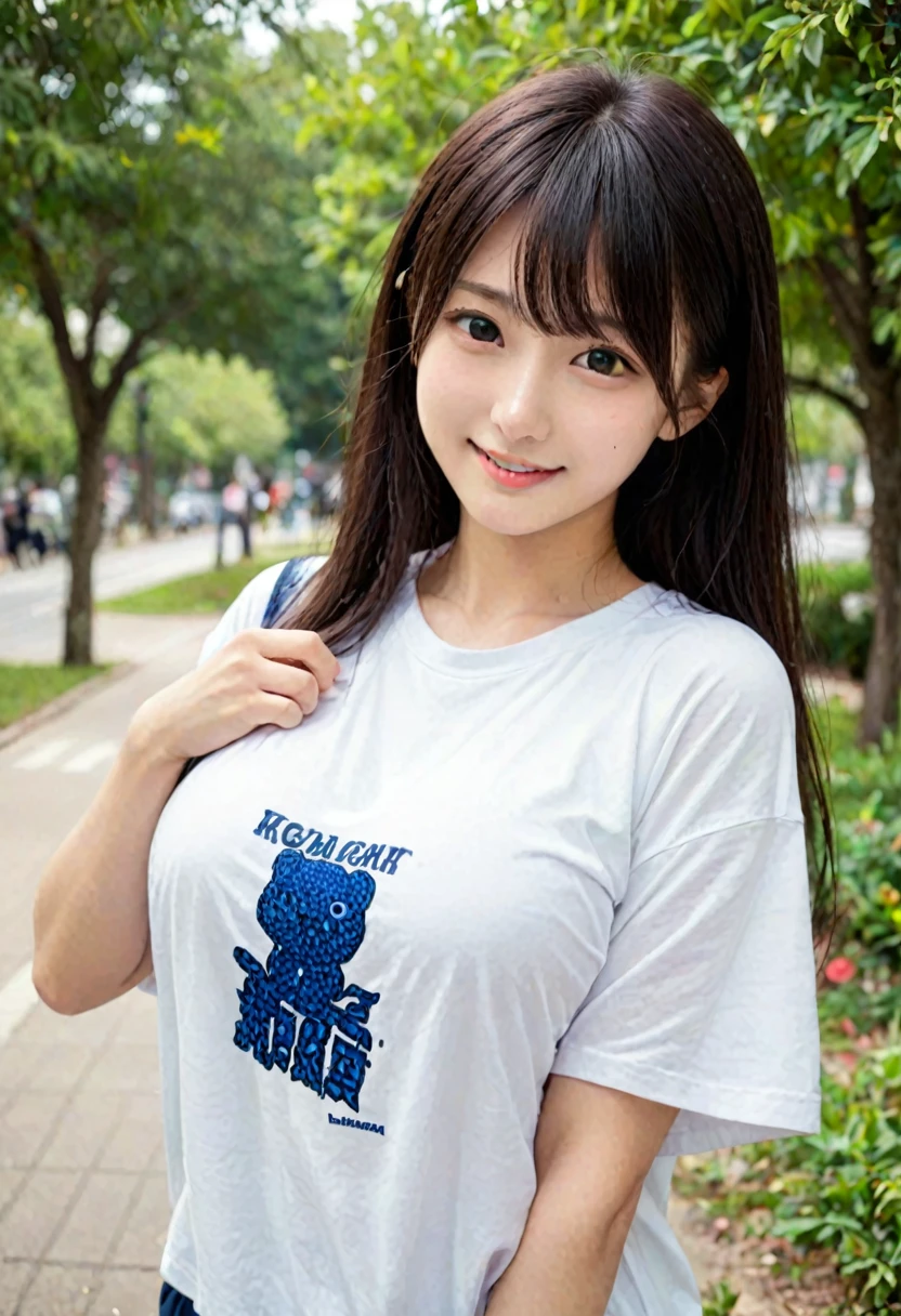 score_9, score_8_up, score_7_up, 1girl, japanese girl, cute, kawaii, beautiful face, perfect face, perfect body, smile, oversized t-shirts, big t-shirts, detailed eyes, shiny skin, standing, on side, huge breasts, skinny, looking at viewer, cowboy shot, face focus, depth of field, simple background, outdoors, park, jpn-girl, extremely detailed, professional lighting