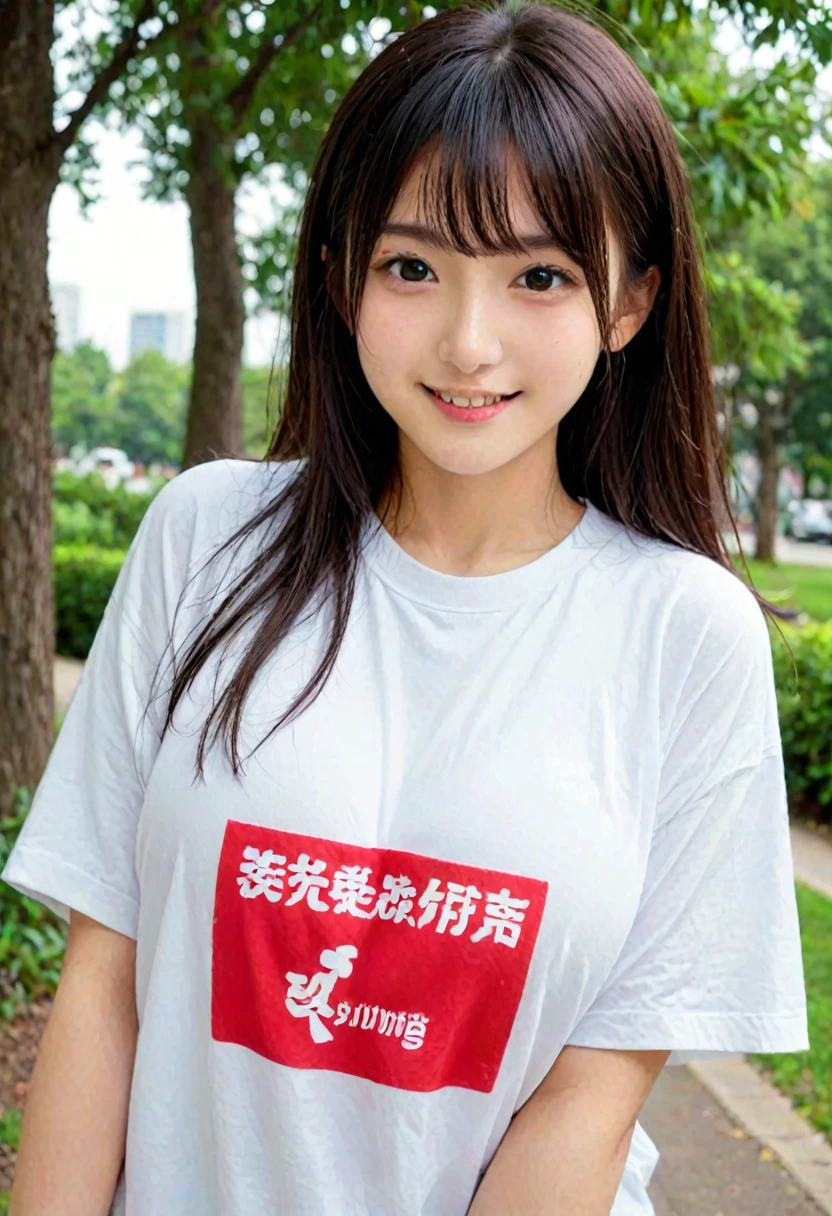 score_9, score_8_up, score_7_up, 1girl, japanese girl, cute, kawaii, beautiful face, perfect face, perfect body, smile, oversized t-shirts, big t-shirts, detailed eyes, shiny skin, standing, on side, large , skinny, looking at viewer, cowboy shot, face focus, depth of field, simple background, outdoors, park, jpn-girl, extremely detailed, professional lighting