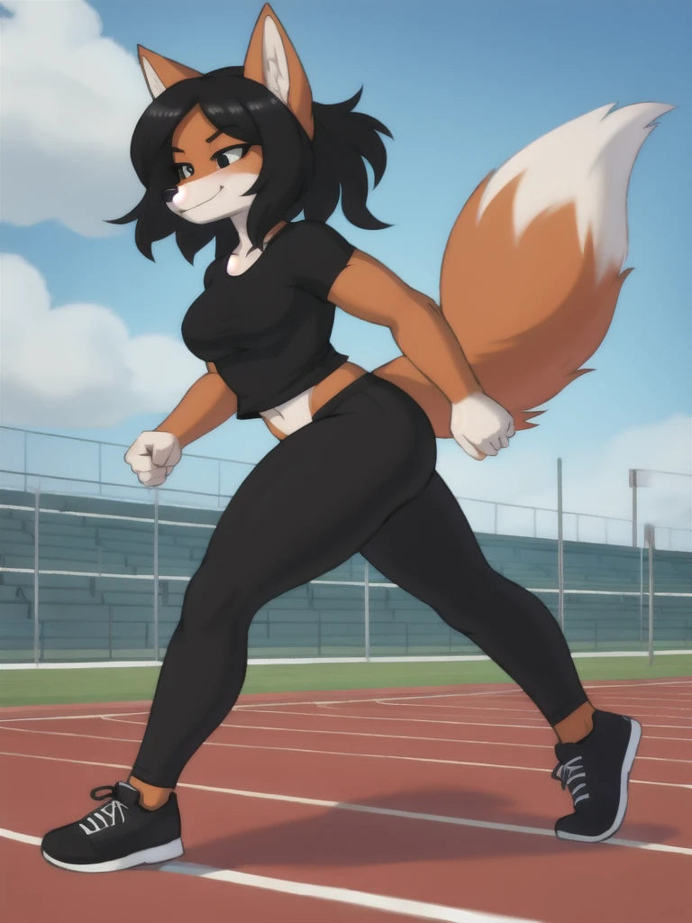 Furry, fox, female, black shirt, black leggings, shoes, running track, solo, full body