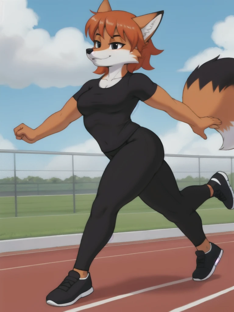 Furry, fox, female, black shirt, black leggings, shoes, running track, solo, full body